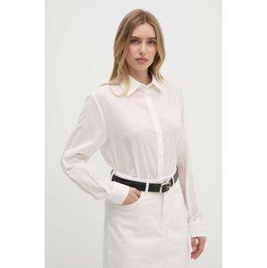 Bavlnená košeľa Sisley dámska, biela farba, voľný strih, s klasickým golierom, 58N2LQ06V