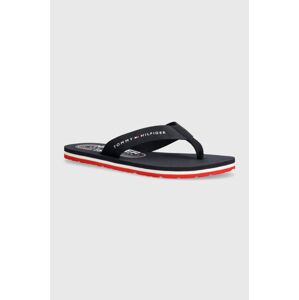 Žabky Tommy Hilfiger GLOBAL STRIPES FLAT BEACH SANDAL dámske, tmavomodrá farba, na plochom podpätku, FW0FW07856