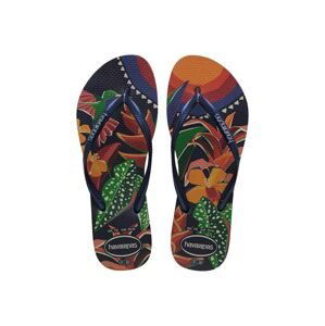 Žabky Havaianas SLIM TROPICAL dámske, tmavomodrá farba, na plochom podpätku, 4122111.4368