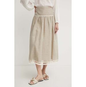 Ľanová sukňa Luisa Spagnoli TERMALE béžová farba, midi, áčkový strih, 541011