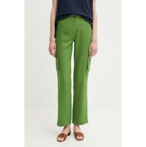 Ľanové nohavice United Colors of Benetton zelená farba, rovné, vysoký pás