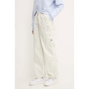 Bavlnené nohavice Calvin Klein Jeans biela farba, rovné, vysoký pás, J20J223116
