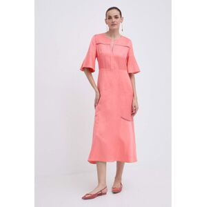 Šaty s prímesou ľanu BOSS ružová farba, midi, áčkový strih, 50512807