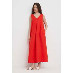 Ľanové šaty United Colors of Benetton červená farba, maxi, áčkový strih