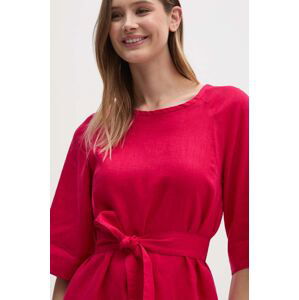 Ľanové šaty United Colors of Benetton ružová farba, mini, rovný strih