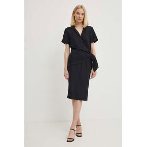 Ľanové šaty Sisley čierna farba, midi, rovný strih