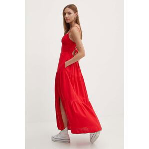 Ľanové šaty Hollister Co. červená farba, maxi, áčkový strih