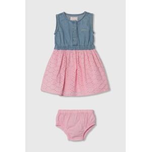 Detské bavlnené šaty Guess ružová farba, mini, áčkový strih