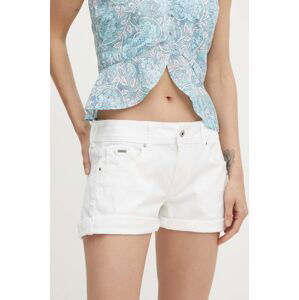 Rifľové krátke nohavice Pepe Jeans RELAXED SHORT MW dámske, biela farba, jednofarebné, vysoký pás, PL801109TC2