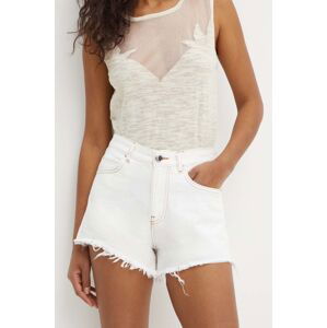 Rifľové krátke nohavice Pinko dámske, biela farba, jednofarebné, vysoký pás, 103627 A1VD