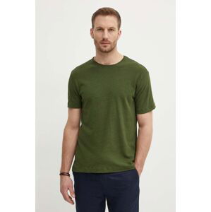 Ľanové tričko United Colors of Benetton zelená farba, jednofarebný