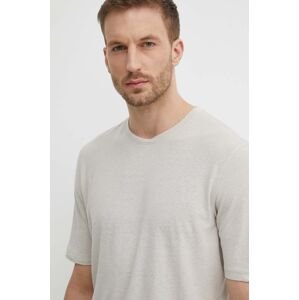 Ľanové tričko Sisley béžová farba, jednofarebný