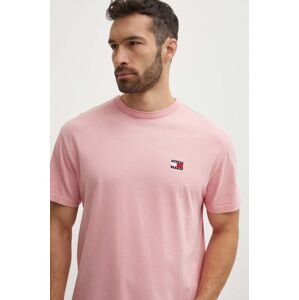 Bavlnené tričko Tommy Jeans pánske, ružová farba, jednofarebné, DM0DM18912
