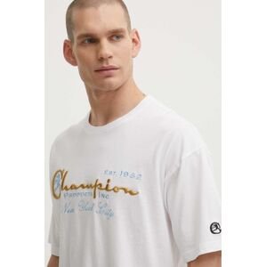 Bavlnené tričko Champion pánske, biela farba, s nášivkou, 219998