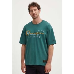 Bavlnené tričko Champion pánske, zelená farba, s nášivkou, 219998