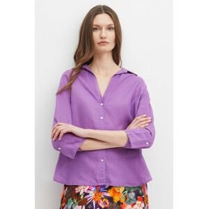 Ľanová košeľa Medicine dámska, fialová farba, voľný strih, s klasickým golierom