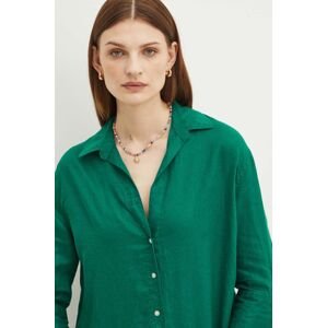 Ľanová košeľa Medicine dámska, zelená farba, voľný strih, s klasickým golierom