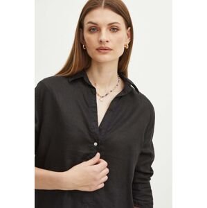 Ľanová košeľa Medicine dámska, čierna farba, voľný strih, s klasickým golierom