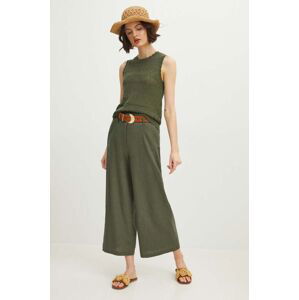 Ľanové nohavice Medicine dámske, zelená farba, strih culottes, vysoký pás