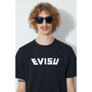 Bavlnené tričko Evisu čierna farba, s potlačou