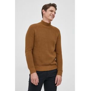 Bavlnený sveter Selected Homme pánsky, hnedá farba, s polorolákom