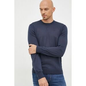 Vlnený sveter Armani Exchange pánsky, tmavomodrá farba, tenký,