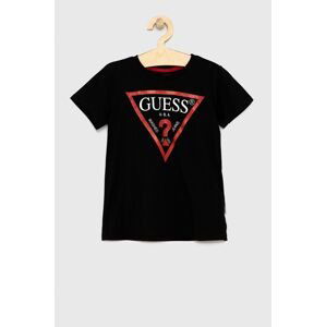 Detské bavlnené tričko Guess čierna farba, s potlačou