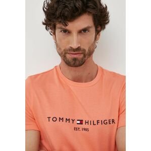 Bavlnené tričko Tommy Hilfiger pánsky,oranžová farba,s nášivkou,MW0MW11797