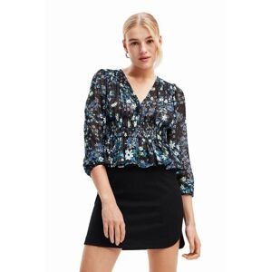 Blúzka Desigual 23WWBW06 WOMAN WOVEN BLOUSE LONG SLEEVE dámska, tmavomodrá farba, kvetované