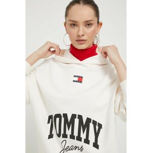 Bavlnená mikina Tommy Jeans dámska, béžová farba, s kapucňou, s potlačou