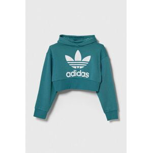 Detská mikina adidas Originals tyrkysová farba, s kapucňou, s potlačou