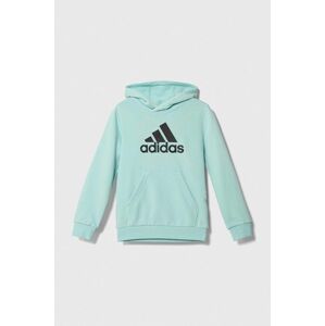 Detská mikina adidas tyrkysová farba, s kapucňou, s potlačou