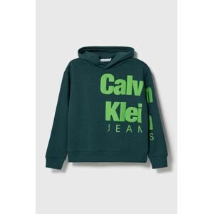 Detská mikina Calvin Klein Jeans zelená farba, s kapucňou, s potlačou