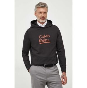 Bavlnená mikina Calvin Klein pánska, čierna farba, s kapucňou, s potlačou