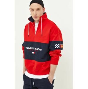 Mikina Tommy Jeans pánska, červená farba, vzorovaná