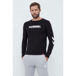 Bavlnené tričko s dlhým rukávom Hummel čierna farba, s potlačou