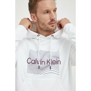 Bavlnená mikina Calvin Klein pánska, biela farba, s kapucňou, s potlačou