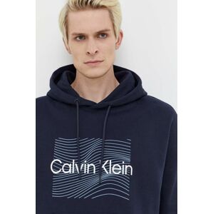 Bavlnená mikina Calvin Klein pánska, tmavomodrá farba, s kapucňou, s potlačou