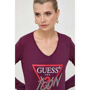 Bavlnené tričko s dlhým rukávom Guess fialová farba