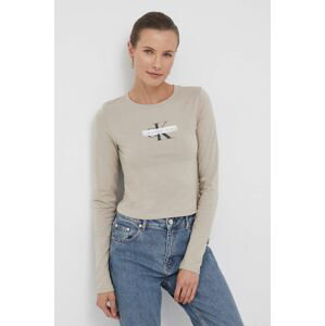 Bavlnené tričko s dlhým rukávom Calvin Klein Jeans béžová farba