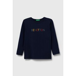Detská bavlnená košeľa s dlhým rukávom United Colors of Benetton tmavomodrá farba, s potlačou