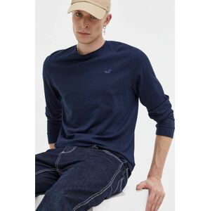 Bavlnené tričko s dlhým rukávom Hollister Co. tmavomodrá farba, jednofarebný