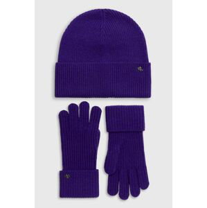 Vlnená čiapka a rukavice Lauren Ralph Lauren fialová farba