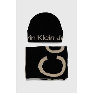 Vlnená čiapka a šál Calvin Klein Jeans čierna farba