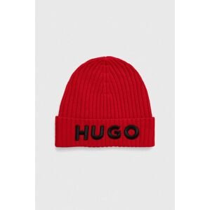 Vlnená čiapka HUGO červená farba, z hrubej pleteniny, vlnená