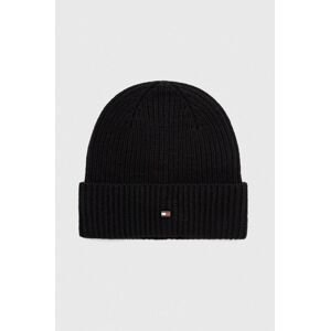 Kašmírová čiapka Tommy Hilfiger čierna farba, z tenkej pleteniny, vlnená