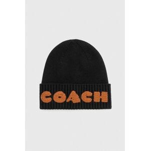 Vlnená čiapka Coach čierna farba, z tenkej pleteniny, vlnená
