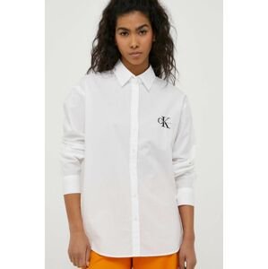 Bavlnená košeľa Calvin Klein Jeans dámska, biela farba, voľný strih, s klasickým golierom