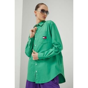 Bavlnená košeľa Tommy Jeans dámska, zelená farba, voľný strih, s klasickým golierom