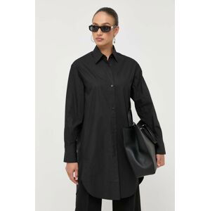 Bavlnená košeľa BOSS dámska, čierna farba, voľný strih, s klasickým golierom